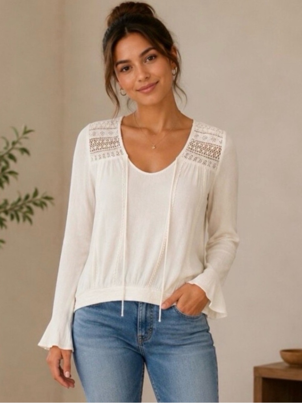 Express Small White Boho Peasant Blouse Crochet Lace Shoulder Bell Sleeves